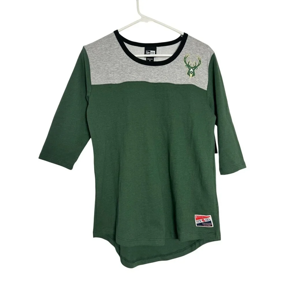 Milwaukee Bucks Women's 3/4 Sleeve Green & Gray New Era Shirt Small - Picture 12 of 12